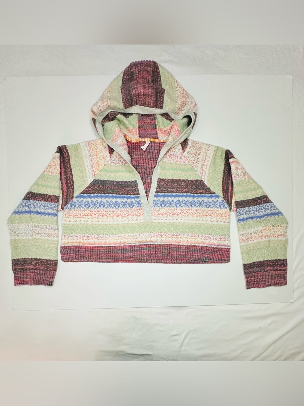 DAILY PRACTICE CROPPED HOODED SWEATER WOMEN’S MED FAIR ISLE STRIPE BOHO COASTAL - Picture 3 of 9